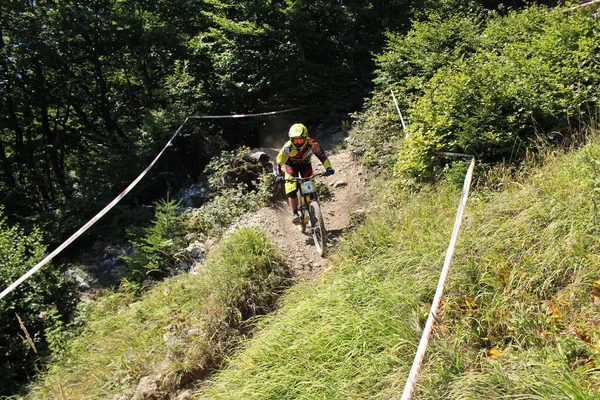 Innsbruck Austria Agosto 2015 Ciclista Profesional Totalmente Equipado Está Montando — Foto de Stock