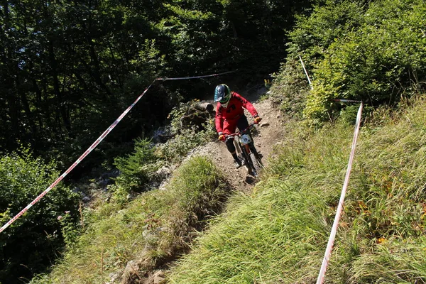 Innsbruck Austria Agosto 2015 Motociclista Professionista Completamente Equipaggiato Sta Guidando — Foto Stock