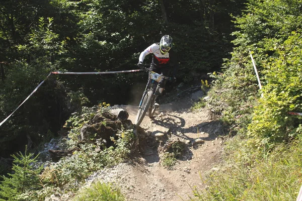 Innsbruck Autriche Août 2015 Cycliste Professionnel Entièrement Équipé Descend Vtt — Photo