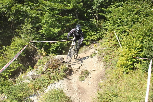 Innsbruck Austria August 2015 Fully Equipped Professional Biker Riding Mountain — Stock Photo, Image