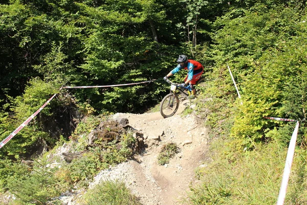 Innsbruck Rakousko August 2015 Plně Vybavený Profesionální Cyklista Jezdí Horském — Stock fotografie