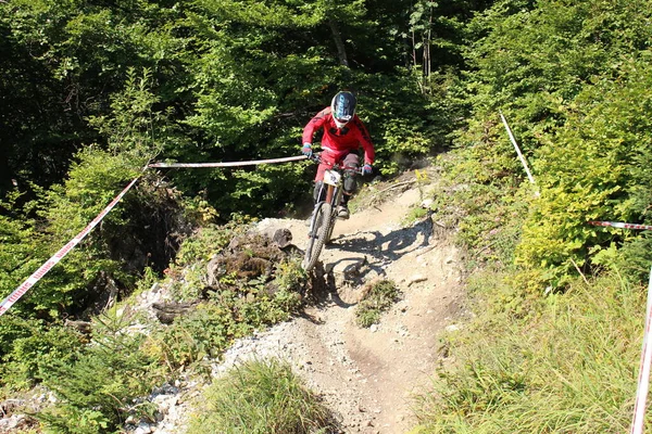 Innsbruck Rakousko August 2015 Plně Vybavený Profesionální Cyklista Jezdí Horském — Stock fotografie