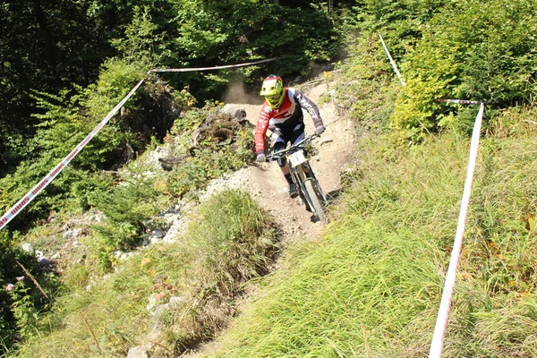 Innsbruck August 2015 Teljesen Felszerelt Profi Kerékpáros Kerékpározik Hegyi Kerékpár — Stock Fotó