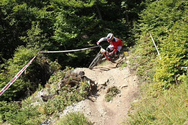 Innsbruck Austria 2015年8月29日 完全に装備されたプロのバイカーは Nordketteダウンヒルプロ競技中にNordkette Alpマウンテンチェーン上のマウンテンバイクの下り坂スタイルに乗っています — ストック写真