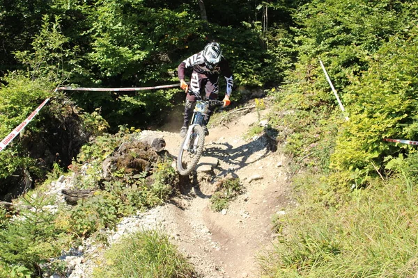 Innsbruck August 2015 Teljesen Felszerelt Profi Kerékpáros Kerékpározik Hegyi Kerékpár — Stock Fotó