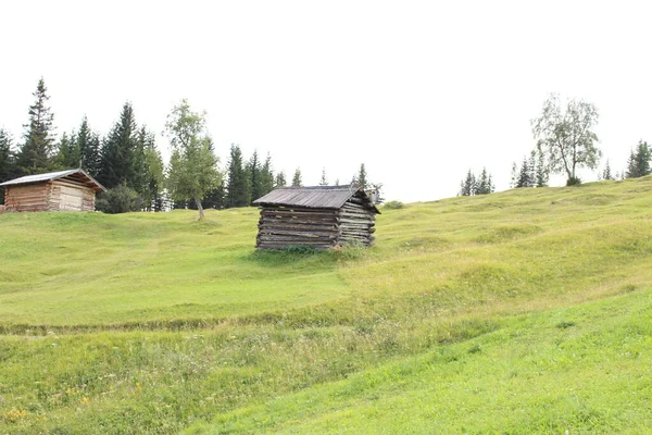 フィス チロル オーストリアに緑の牧草地があるアルプスの山々に木製のスキー小屋 — ストック写真