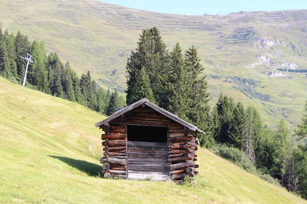 Una Cabaña Esquí Madera Las Montañas Los Alpes Con Prado — Foto de Stock