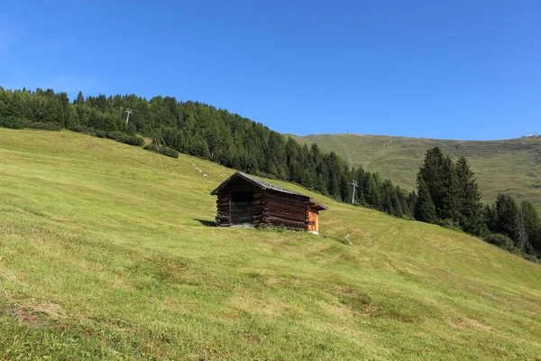 フィス チロル オーストリアに緑の牧草地があるアルプスの山々に木製のスキー小屋 — ストック写真
