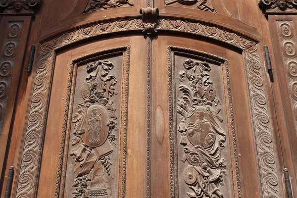 Historical Wooden Door Reliefs Munich Germany — Stock Photo, Image
