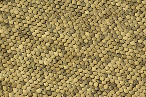 Aerial closeup view of tiles on Golden Roof (Goldenes Dachl) taken from the top of City Tower (Stadtturm, 51 meters). Golden Roof has 2,738 fire-gilded copper tiles.