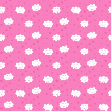 Yıldızlar ve dairelerle kusursuz gülümseyen pembe bulut deseni - Eps10 vektör grafikleri ve illüstrasyonu