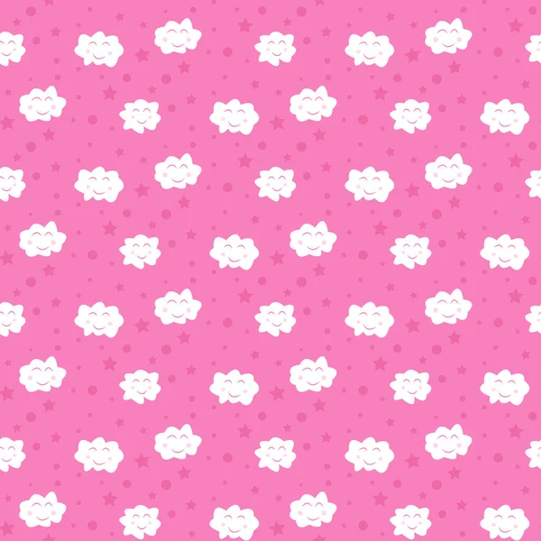 Yıldızlar ve dairelerle kusursuz gülümseyen pembe bulut deseni - Eps10 vektör grafikleri ve illüstrasyonu