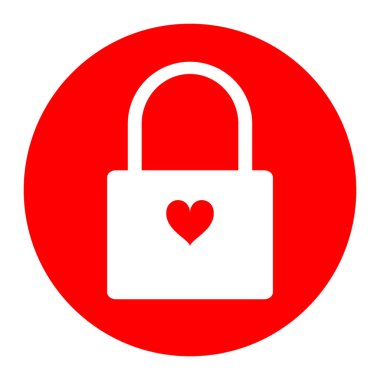 Düz ve beyaz asma kilit simgesi kalp şeklindeki anahtar deliği kilitli ve kırmızı ve beyaz arkaplanda izole - Eps10 vektör grafikleri ve illüstrasyon