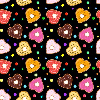 Farklı renkler, tatlar, malzemeler ve serpiştirilmiş kalp şeklinde ve el yapımı çöreklerle dolu kusursuz siyah desen - Eps10 vektör grafikleri ve illüstrasyon