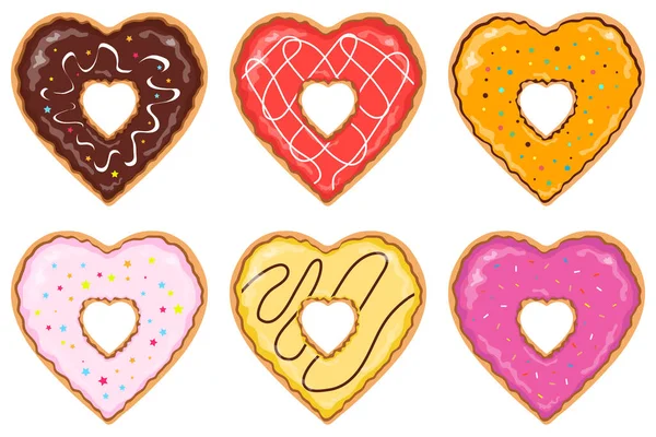 Set Isolated Heart Shaped Handdrawn Donuts Different Colors Flavors Toppings — Stock Vector