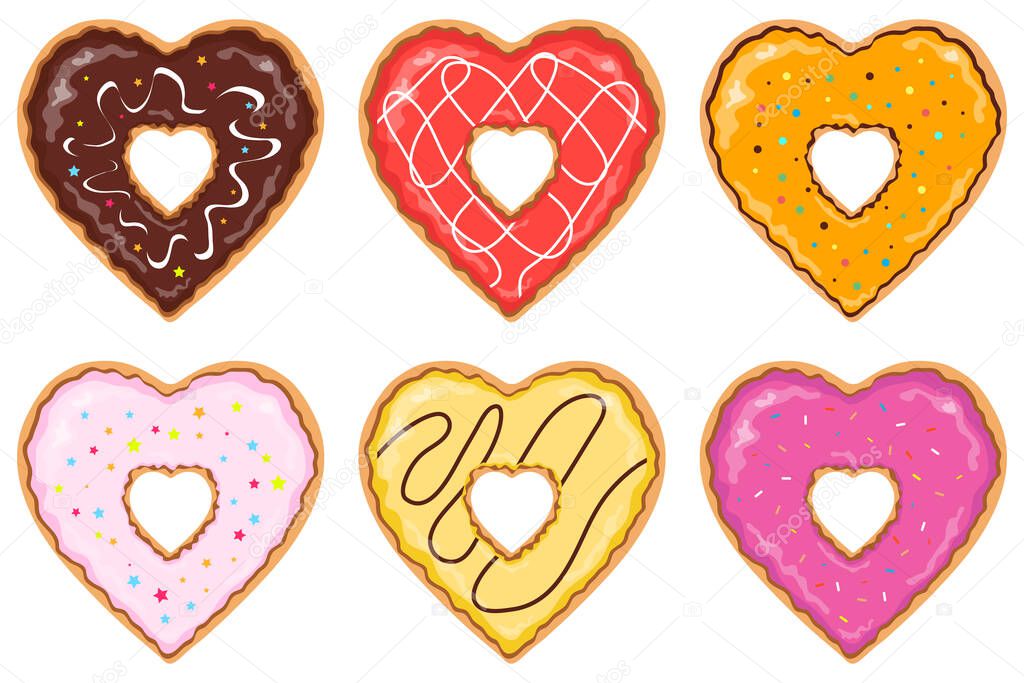 Set of isolated heart-shaped and handdrawn donuts with different colors, flavors, toppings and sprinkles. The donut collection consists of six cartoon donuts - Eps10 vector graphics and illustration