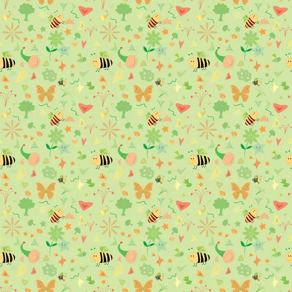 手描きの蜂 葉や花と美しいシームレスなパターン 子供のための面白いとかわいいベクトル背景 壁紙としての反復的なパステルテクスチャベクトルとイラスト — ストックベクタ