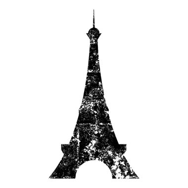 İzole edilmiş ve grunge siyah Paris Eyfel kulesi beyaz arka planda ön siluet sanatı - Bölüm 10 Vektör grafikleri ve illüstrasyon