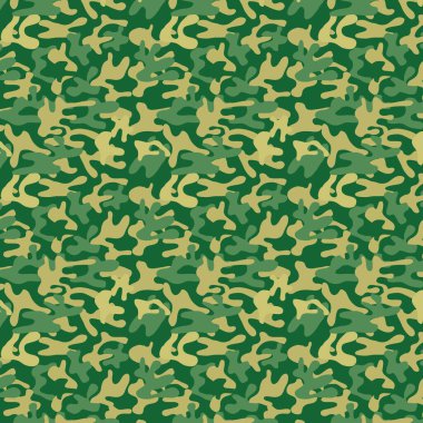 Kusursuz askeri kamuflaj modeli. Orman deseni koyu yeşil, orman yeşili, açık haki ve haki renklerinden oluşur - vektör ve illüstrasyon