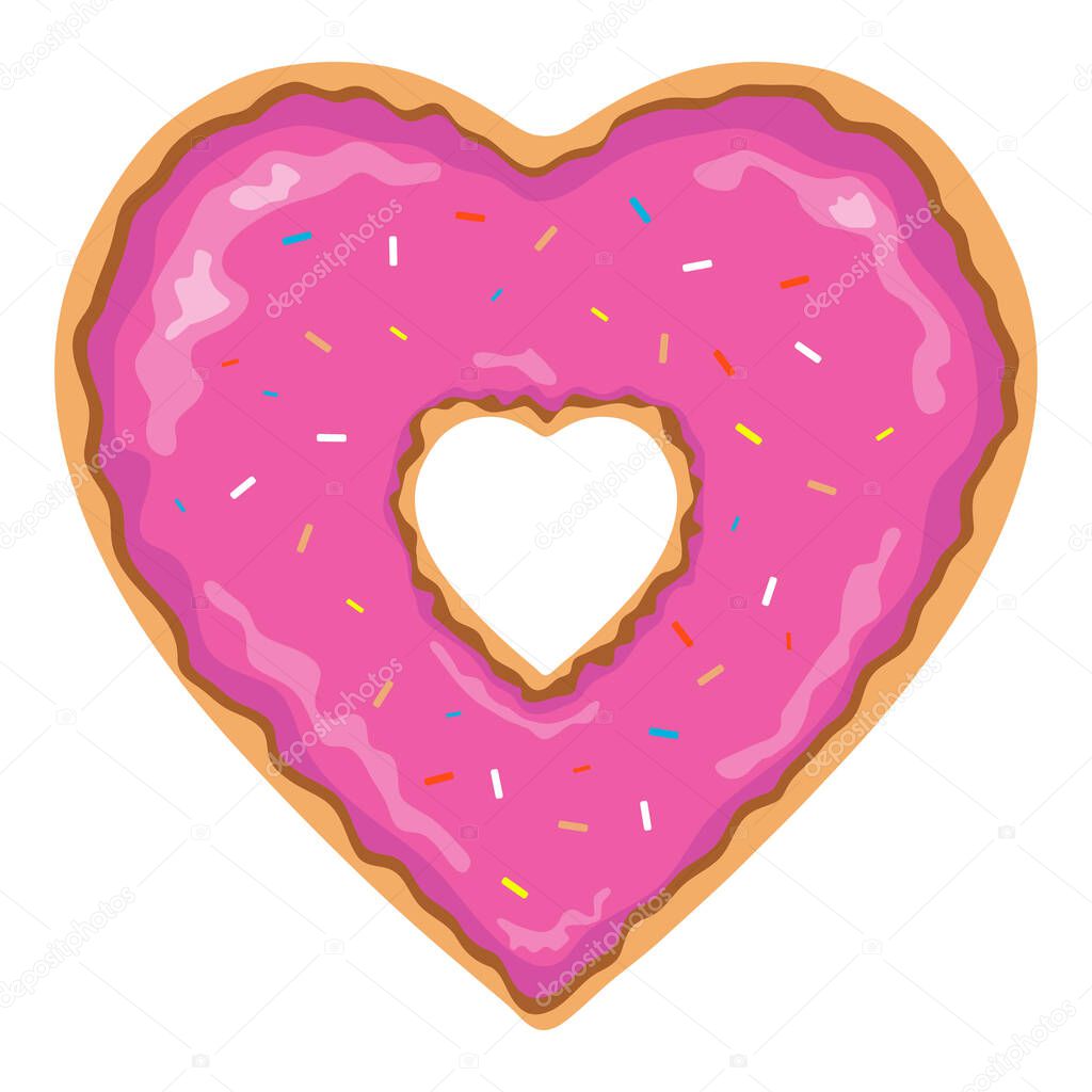 Heart shaped and isolated pink donut clip art with colorful toppings on a white background - Eps10 Vector graphics and illustration