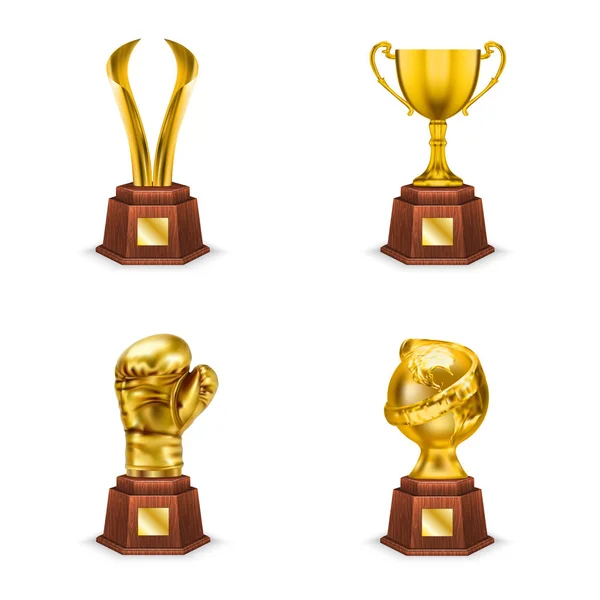Golden trophies cups and awards on wooden stand. Realistic set — Stock Vector