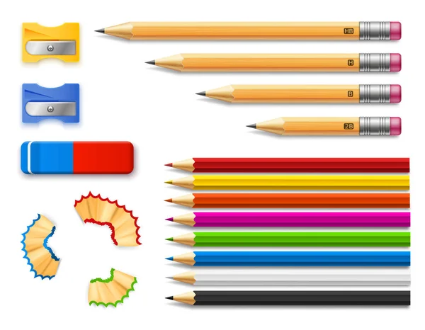 Buntstifte verschiedener Länge mit Anspitzer und Radiergummi — Stockvektor