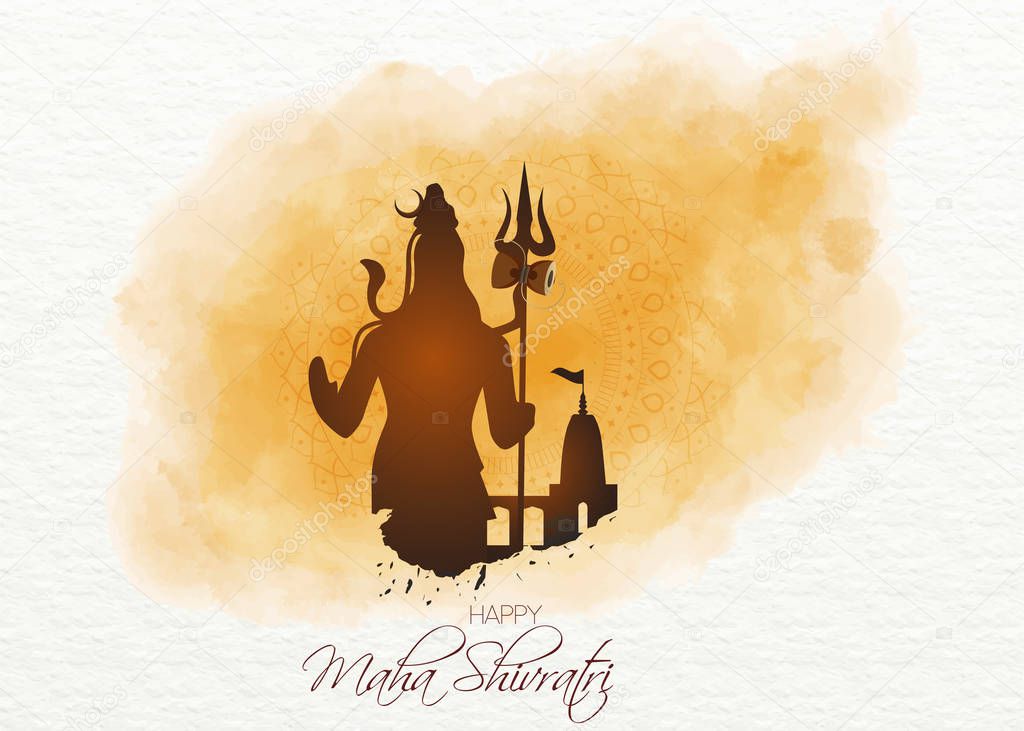 illustration of Greeting card for maha Shivratri, a Hindu festival celebrated of Lord Shiva with watercolor background, shiva statue and temple