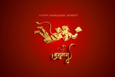 Mutlu Hanuman Jayanti 'nin Hintçe metni Jai hanuman (çok yaşa Tanrı Hanuman) ile yaratıcı bir illüstrasyonu, Hint Festivali konsepti. - Vektör