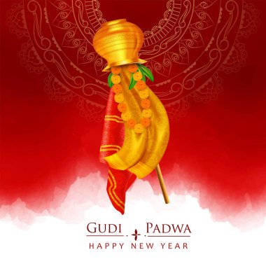 Mutlu Gudi Padwa (Ay Yeni Yılı) festivali, kırmızı suluboya mandala arka planını çelenk ve altın kalaşla selamlıyor.
