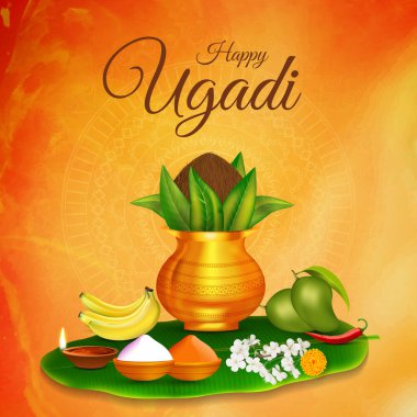 Mutlu yıllar Hindu Hint festivali Ugadi (Gudi Padwa). Mandala, muz yaprağı, yeşil mango, çiçek ve diya (lamba) vektörlü altın Kalaş (kap) 