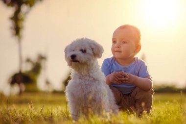 Köpek yavrusu ile mutlu bebek