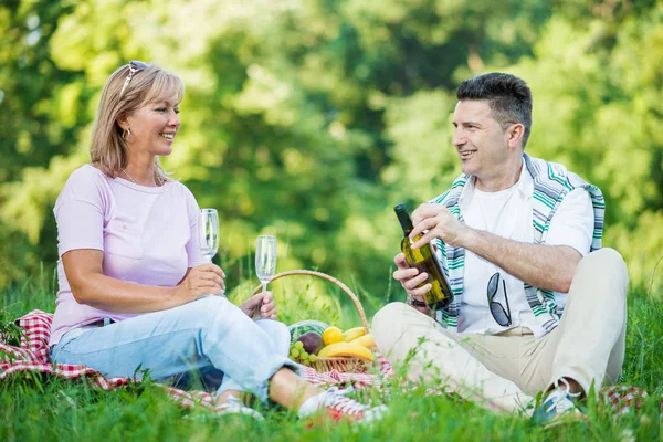 Piknik idő. Gyönyörű érett pár miután piknik — Stock Fotó