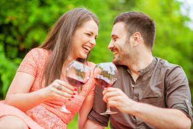 Kırmızı şarap içme piknik üzerinde çekici çift