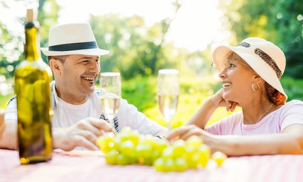 Maduro hombre y mujer en el picnic — Foto de Stock