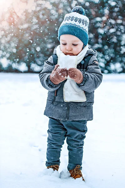 Adorable little boy having fun on winter day Stock Photo