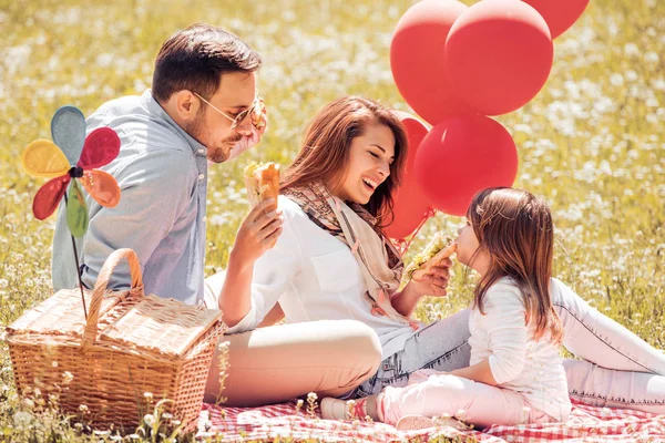 Leende familj picknick i parken — Stockfoto