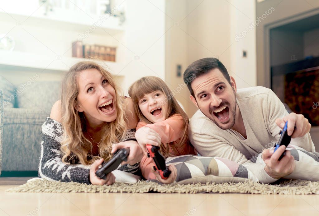 family playing video game