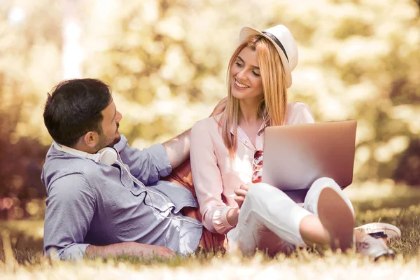 Genç çift parkta dizüstü bilgisayar kullanarak