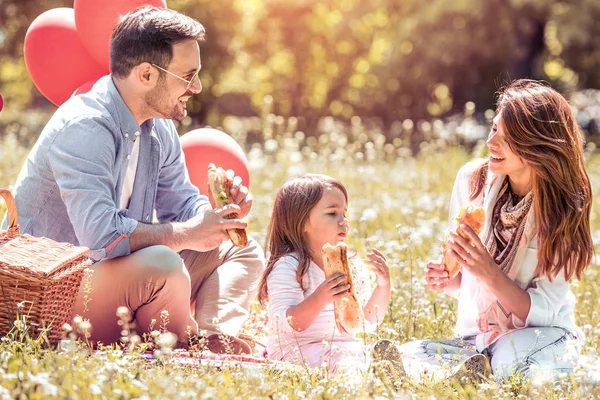 Familia comiendo sándwiches en el picnic — Foto de Stock