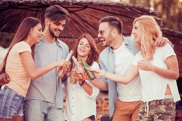 Friends drinking beer on beach — Stock Photo, Image