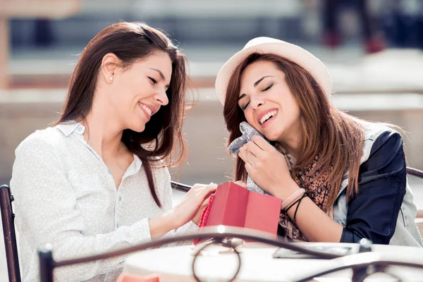 Kafede alışveriş sonra iki kadın.