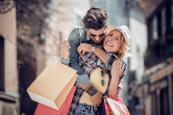 Portrait Couple Shopping Bags Having Fun City — Stock Photo, Image