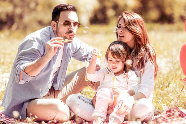 3 つの幸せな家族がピクニックに風船を作る. — ストック写真