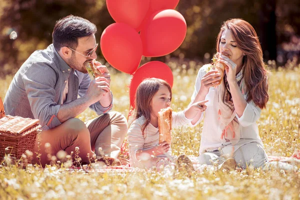 親と子供の楽しい夏の公園でアウトドア ランチを食べるします 父と娘がカラフルなブランケットでサンドイッチを食べる — ストック写真
