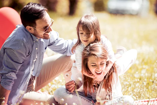 夏の生活を楽しんでする屋外一緒に家族 夏の日にタンポポの自然を吹いて家族 — ストック写真