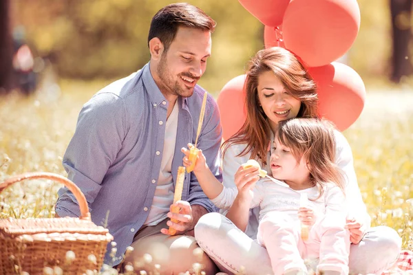 Pareja Joven Con Hija Haciendo Picnic Parque — Foto de Stock