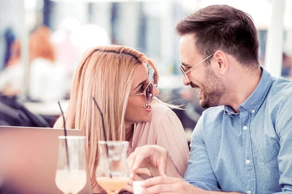 Couple Sitting Coffee Shop Have Fun Drink Coffee — Stock Photo, Image