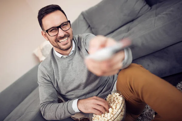 Young Handsome Man Watching Sofa Home — Stock Photo, Image