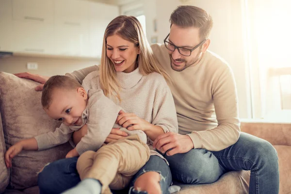 Young Family Playing Happy Little Son Home — Stock Photo, Image
