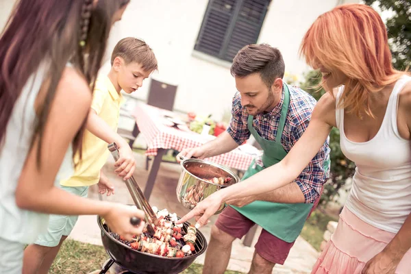 Family Father Mother Daughter Son Having Barbecue Party Child Turning — Stock Photo, Image